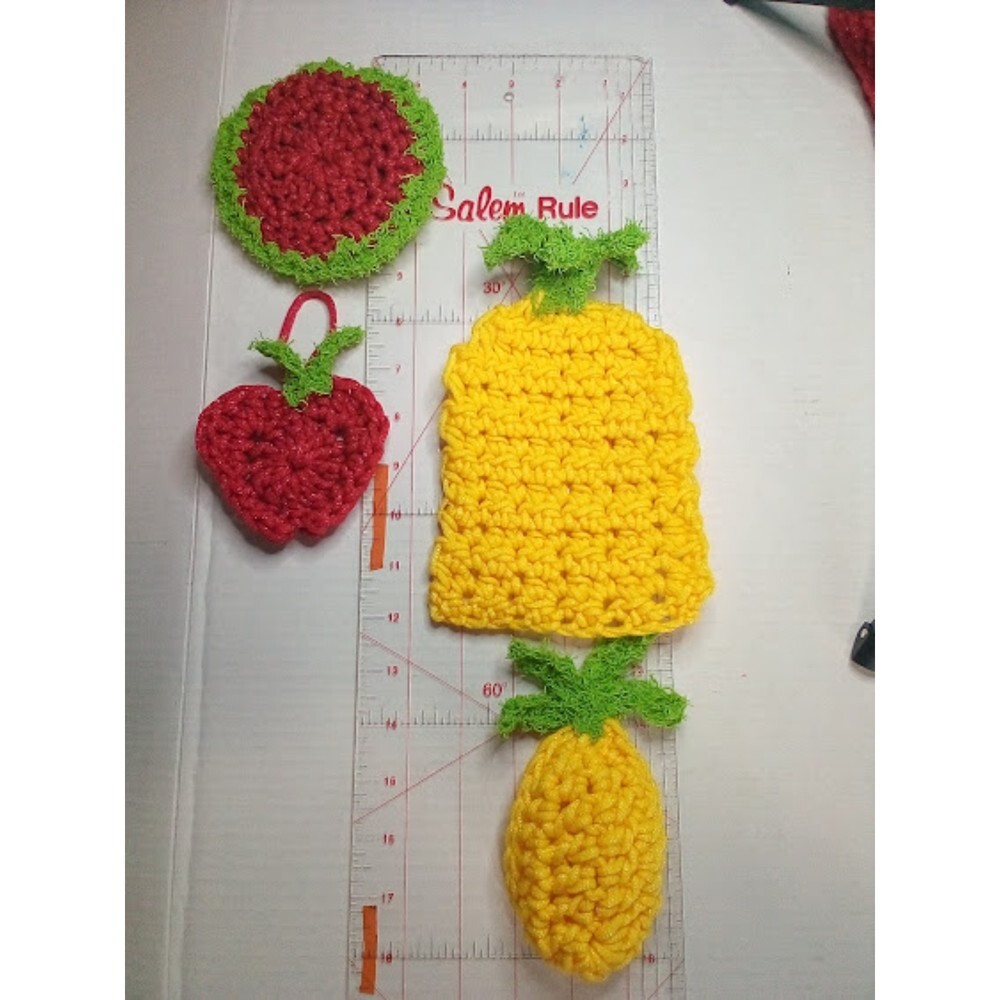 Set of 4 Crochet Kitchen Scrubby Fruit Pineapple Apple Watermelon